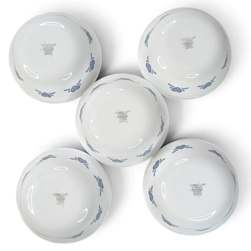 Corelle Corning Ware Blue Hearts Sponge 6.25 Inch Cereal Soup Bowls Set of 5 USA